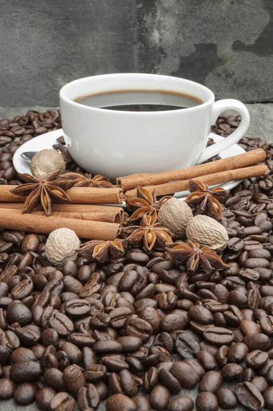 Cup of coffee with cinnamon, star anise, nutmeg and coffee beans — Stock Photo, Image