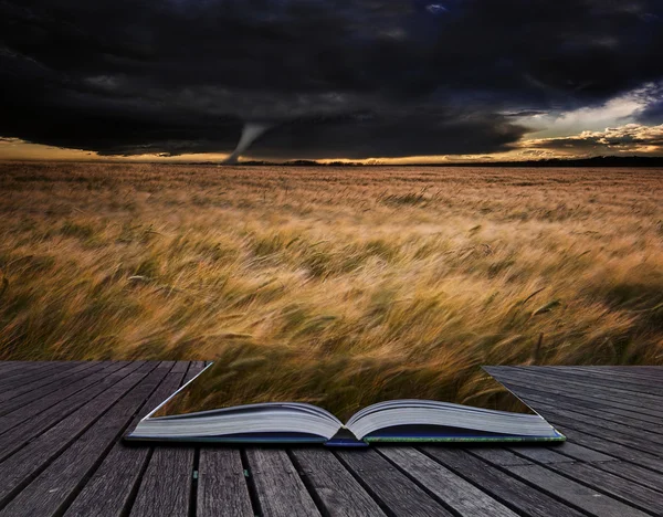 Ανεμοστρόβιλος παιχνίδια twister πάνω από τα πεδία σε καταιγίδα καλοκαίρι στις σελίδες του βιβλίου — Φωτογραφία Αρχείου