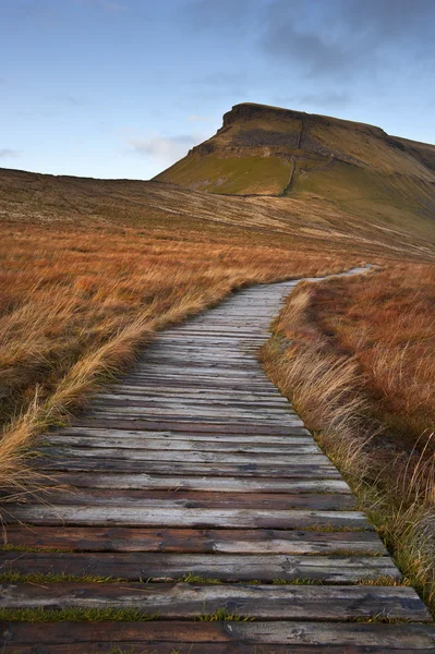 Sendero de madera sobre terrenos pantanosos que conducen a Pen-y-Ghent en Yorkshir — Foto de Stock