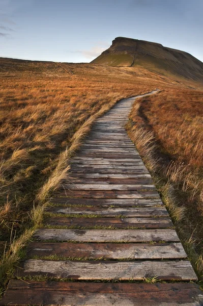 Wooden footpath over marshland leading to Pen-y-Ghent in Yorkshi — Stock Photo, Image