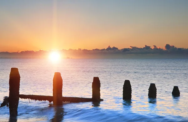 Gamla groynes på stranden förra försvar på sunrise mot tidvattnet — Stockfoto
