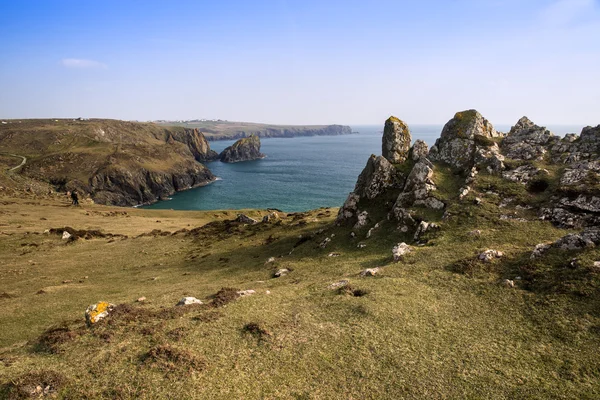 หุบเขา Kynance Cove มองข้ามอ่าว — ภาพถ่ายสต็อก