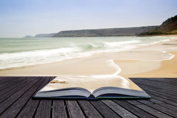 stock image Creative concept pages of book Sennen Cove beach before sunset i