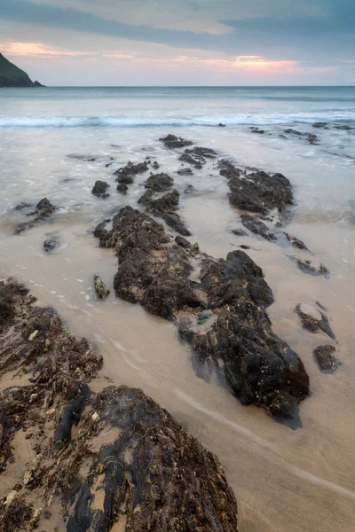 Hope Cove paisaje del atardecer paisaje marino con costa rocosa y lon — Foto de Stock