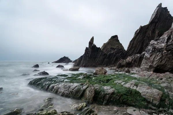 锯齿状和坚固岩石与海岸线上的风景海景 — 图库照片