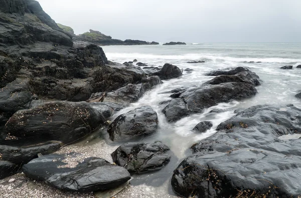 Manzara deniz manzarası ile sahil şeridi üzerinde sivri ve sağlam taş — Stok fotoğraf