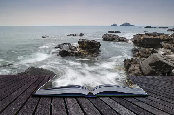Creative concept pages of book Rocky shore and Brisons Rock in d — Stock Photo, Image