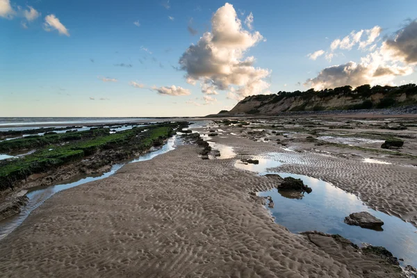 Καλοκαιρινό τοπίο με βράχια στην παραλία κατά τη διάρκεια της αργά το βράδυ και το χαμηλό — Φωτογραφία Αρχείου