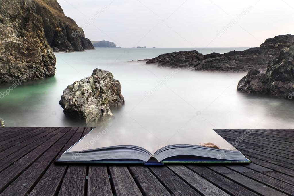 Creative concept pages of book Long exposure Kynance Cove tide