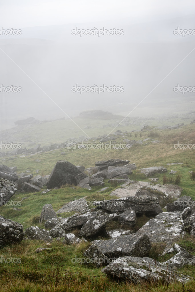 Landscape over Dartmoor National Park in Autumn with rocks and f