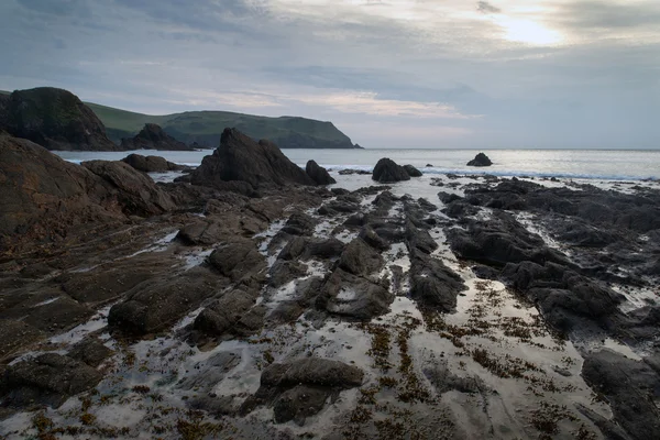 Hope Cove sunset landscape seascape with rocky coastline and lon — Stock Photo, Image