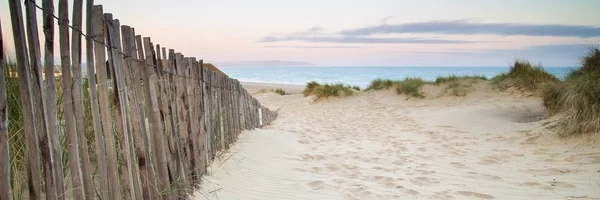 Panorama landscape of sand dunes system on beach at sunrise — Stock Photo, Image