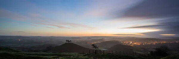 Panorama misty countryside landscape vibrant dawn sunrise — Stock Photo, Image