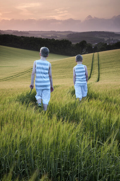 Concept landscape young boys walking through field at sunset in