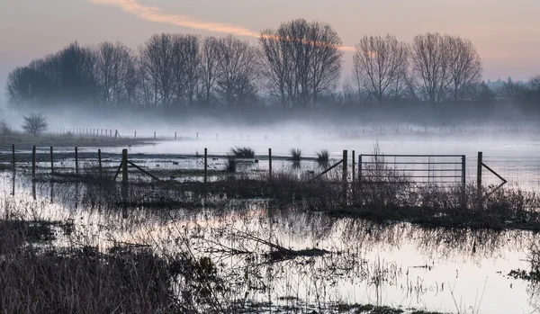 Paisaje de lago en niebla con sol resplandor al amanecer —  Fotos de Stock