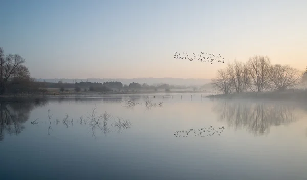 Paisaje de lago en niebla con sol resplandor al amanecer —  Fotos de Stock