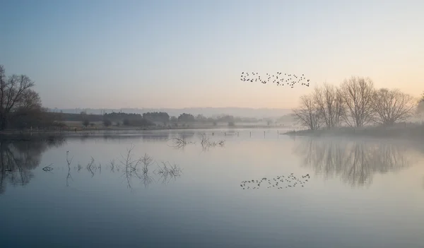 Paesaggio del lago nella nebbia con bagliore di sole all'alba — Foto Stock