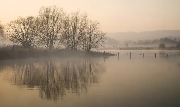 Landschap van lake in mist met zon gloed bij zonsopgang — Stockfoto