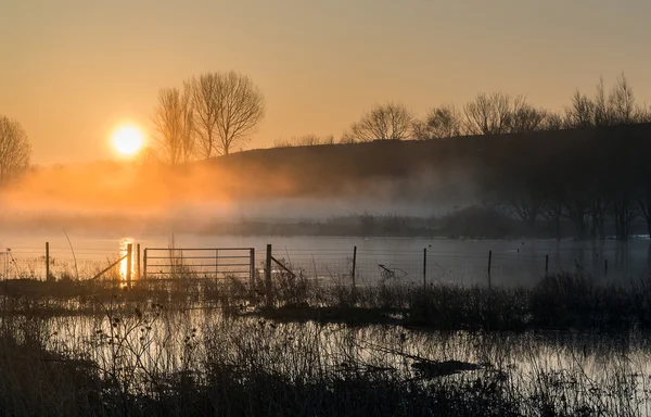 Landschap van lake in mist met zon gloed bij zonsopgang — Stockfoto