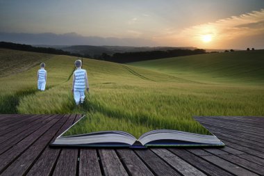 kitap kavramı kavramı manzara genç erkek alanda yürüyüş