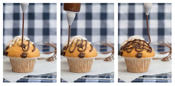 Triptych of icing frosting being put onto home made chocolate ch — Stock Photo, Image