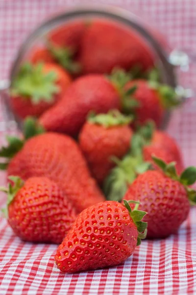 Lekkere verse aardbeien in glazen opslag pot — Stockfoto