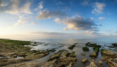 Panorama landscape looking out to sea with rocky coastline and b clipart