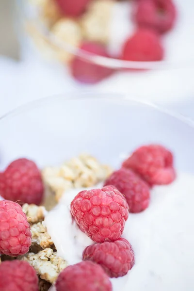 Čerstvé maliny a snídani jogurt — Stock fotografie