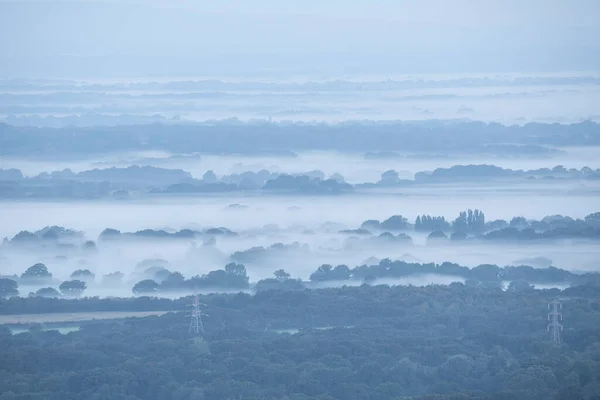 Stunning Foggy Morning Landscape Image Looking Fields South Downs National — Stock Photo, Image