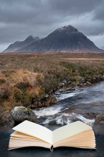 Epicki Dramatyczny Obraz Krajobrazu Buachaille Etive Mor River Etive Szkocji — Zdjęcie stockowe