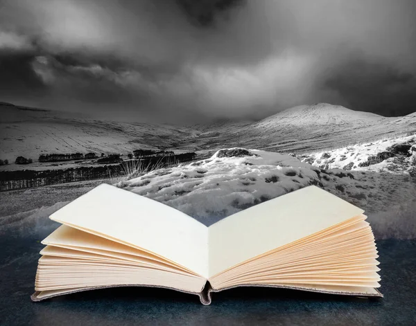 令人叹为观止的冬季全景雪地覆盖了乡村 美丽的天空和云彩映衬在书刊的合影中 — 图库照片