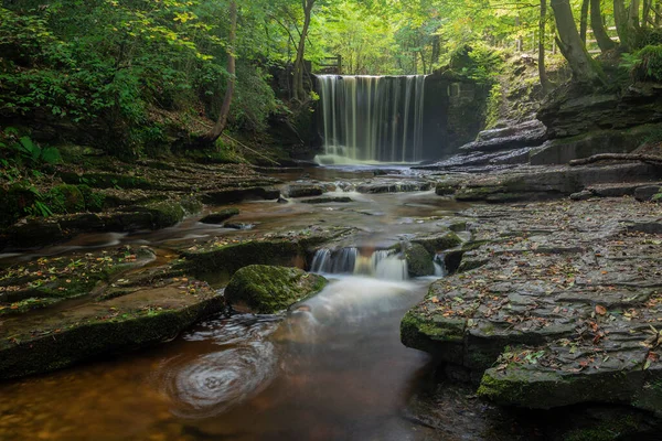 Stunning Beautiful Autumn Landscape Image Nant Mill Waterfall Wales Glowing — Stock Photo, Image