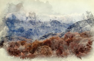 İngiltere 'deki Lake District' in çarpıcı sonbahar sonbahar renk manzarasının dijital suluboya tablosu
