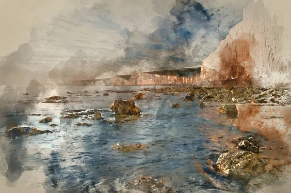Digital Watercolour Painting Stunning Summerr Sunset Ocean Cliffs Rocks Vibrant — Foto Stock
