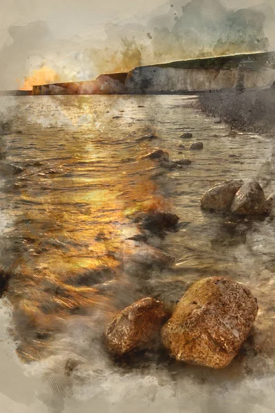 Digital Watercolour Painting Beautiful Landscape Image Sunset Birling Gap England — Photo