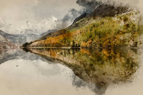 Digital Watercolour Painting Stunning Autumn Fall Landscape Image Lake Buttermere — Stock Photo, Image