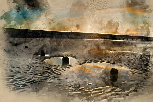 Digitale Aquarel Schilderij Van Prachtige Zonsopgang Weerspiegeld Laagwater Zwembaden Het — Stockfoto