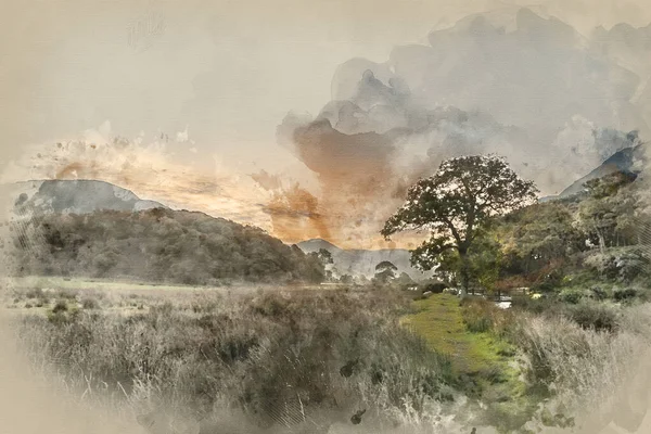 Pintura Digital Acuarela Hermosa Niebla Brumosa Salida Del Sol Otoño — Foto de Stock
