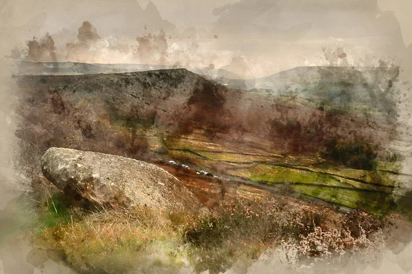Digital Watercolour Painting Abandoned Millstones Curbar Edge Peak District National — Stock Photo, Image