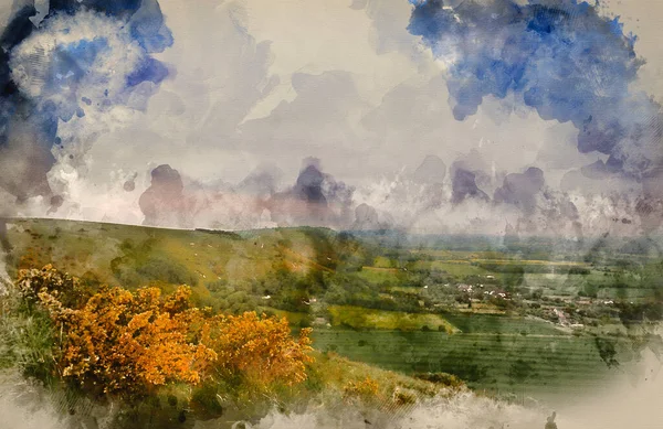 Digital Akvarellmålning Vacker Livlig Soluppgång Över Böljande Landskap — Stockfoto