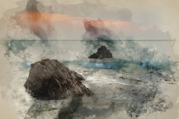 Digital Watercolour Painting Sunset Landscape Seascape Rocky Coastline Hope Cove — Stock fotografie
