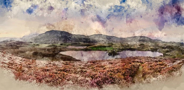 Digital Watercolour Painting Panorama Sunrise Landscape Cregennen Lakes Cadair Idris — Fotografia de Stock