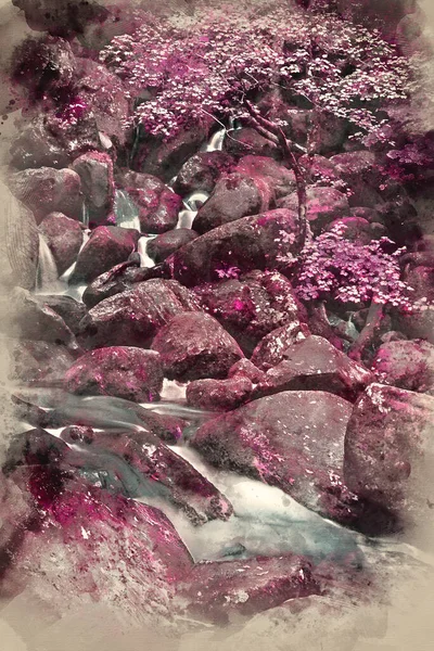 Digitale Aquarellmalerei Von Schöne Surreale Alternative Farbe Waldlandschaft Bild — Stockfoto