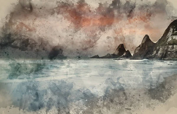 Digital Watercolour Painting Rugged Landscape Seascape Rocky Coastline — ストック写真