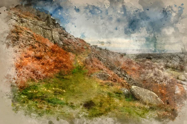 Digital Watercolour Painting Abandoned Millstones Curbar Edge Peak District National — Photo