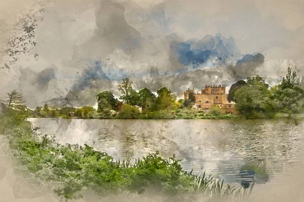 Digital Watercolour Painting Landscape Image Old Victorian Manor Viewed Lake — Stock Photo, Image