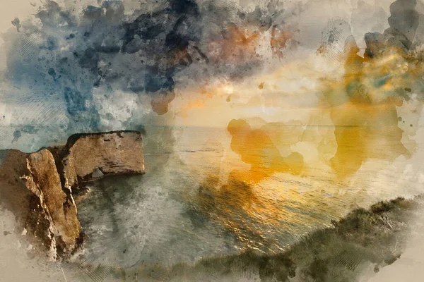 Digital Watercolour Painting Stunning Cliff Formation Landscape Beautiful Sunrise — стоковое фото