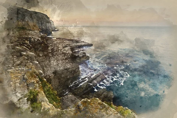 Digital Watercolour Painting Stunning Coastal Landscape Waves Crashing Rocks Sunrise — Foto de Stock