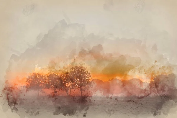 Digitální Akvarel Omračující Mlhypodzimní Východ Slunce Anglický Krajinný Obraz — Stock fotografie