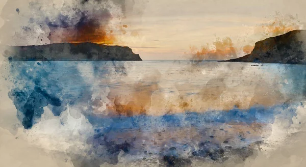 Digital Watercolour Painting Stunning Sunrise Landscape Lulworth Cove Jurassic Coast — Zdjęcie stockowe